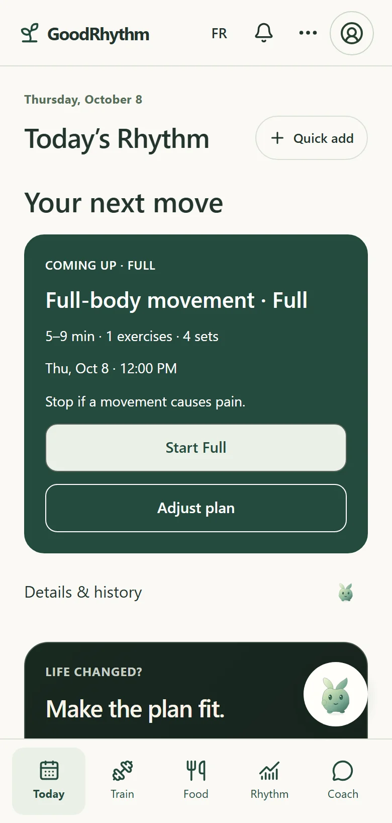 GoodRhythm Today screen showing a saved full-body movement plan with Start Full and Adjust plan actions. Example data.