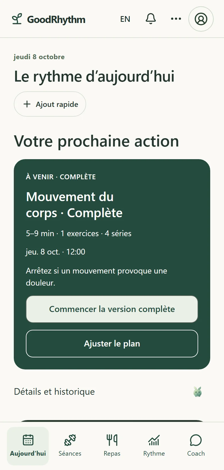 Écran Aujourd’hui de GoodRhythm avec un plan de mouvement et les actions Commencer et Ajuster le plan. Données d’exemple.