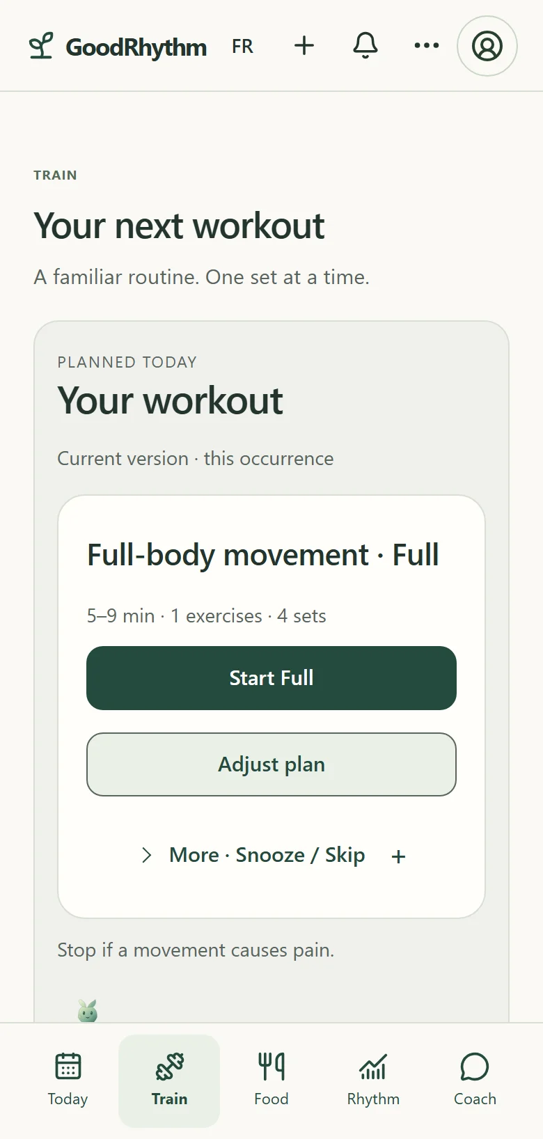 Actual GoodRhythm Train screen showing the planned workout and plan adjustment. Example data.