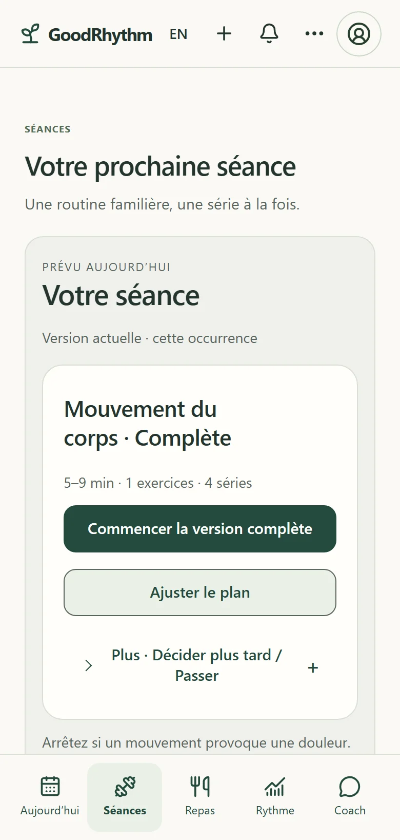 Véritable écran Entraînement de GoodRhythm montrant la séance prévue et l’ajustement du plan. Données d’exemple.